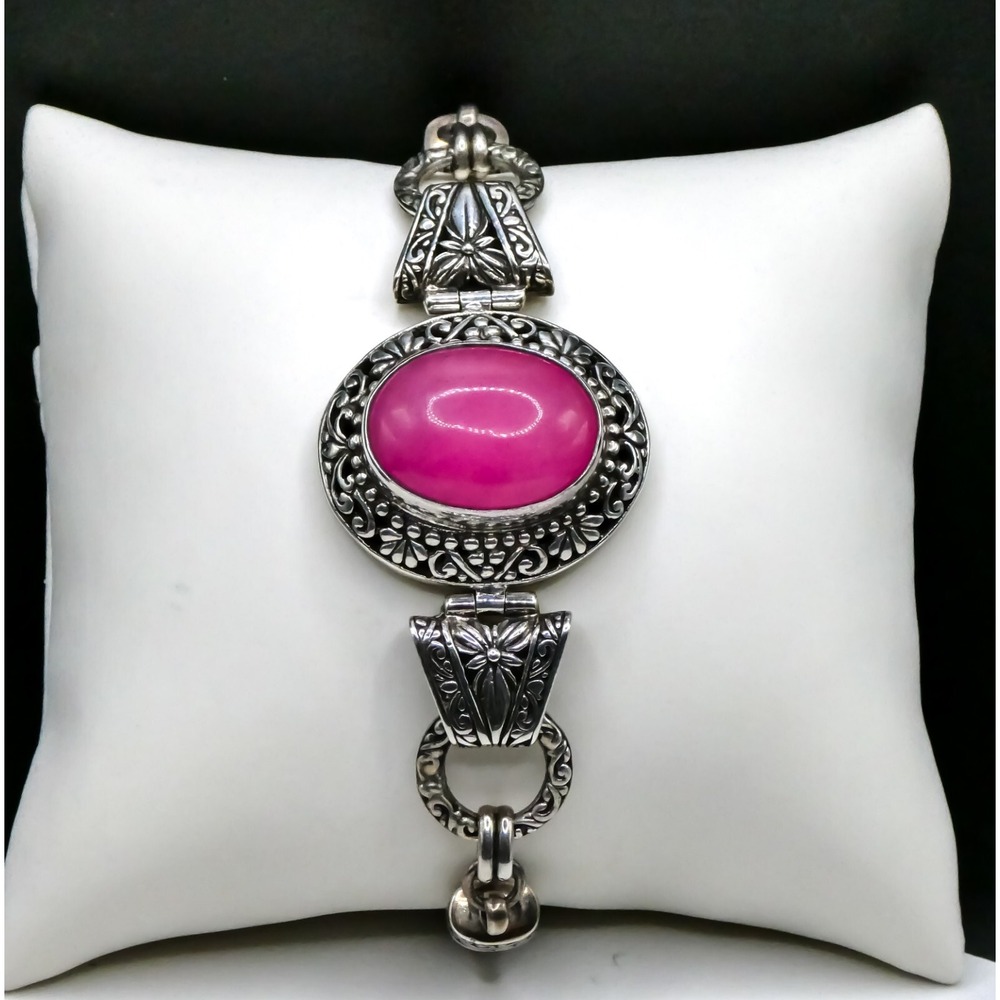 Sterling Silver 925 Bali Boho Style Rose Quartz 7.5" Toggle Bracelet 37g